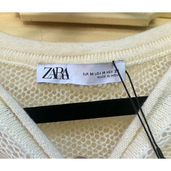 NET Zara cream long sleeved, asymmetrical hem, mesh, acrylic/cotton blend, Med - Picture 2 of 8